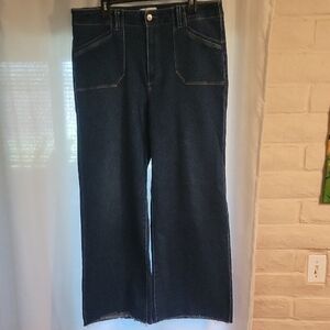 PAIGE Dark Blue Wide-Leg Jeans with Patch Pockets